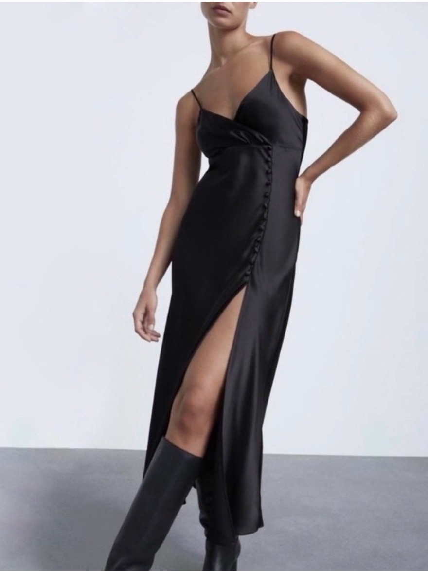 Zara Black Satin Slip Midi Length Dress With Side Split Size Medium